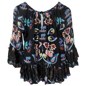 TRYB Silk Blouse XS Black Floral Chiffon Peasant Top Ruffle Lace Anthropologie